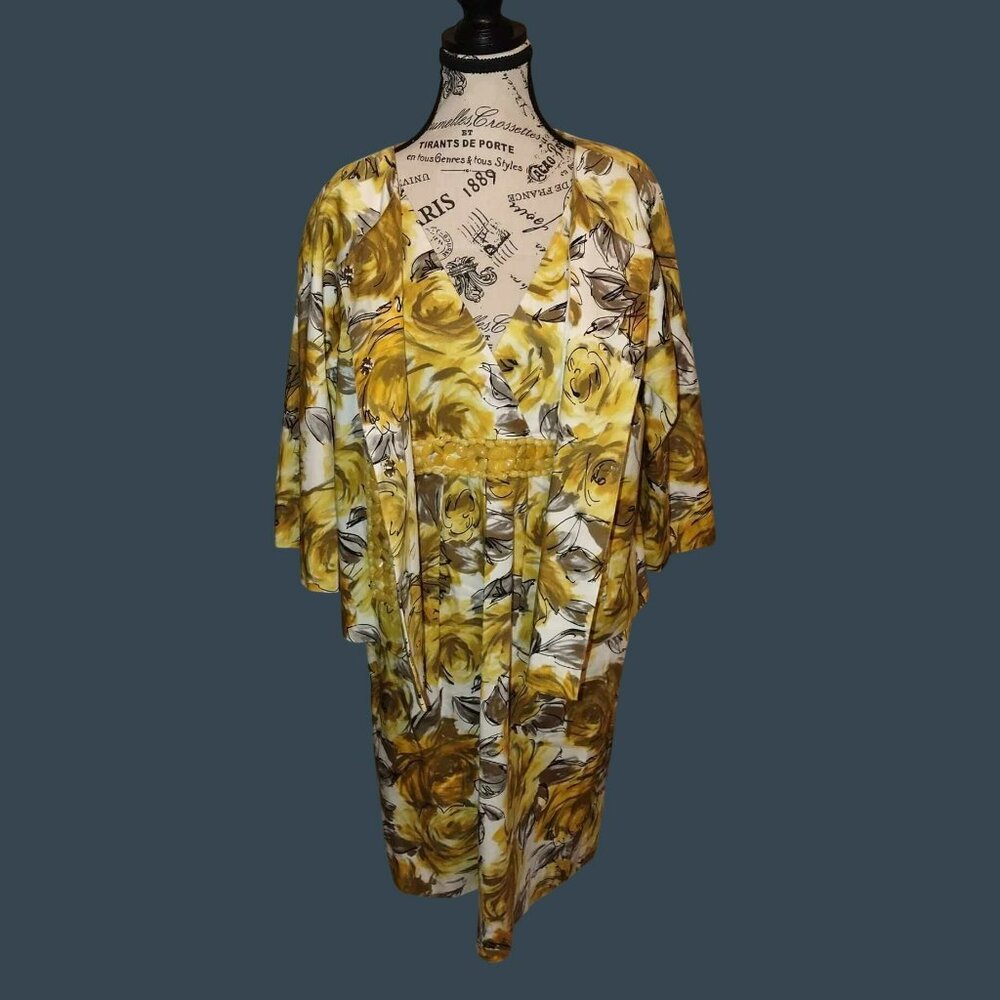 Karen Kane 2‎ Piece Women's L Yellow Floral Beading Easter Church Dress & Jacket